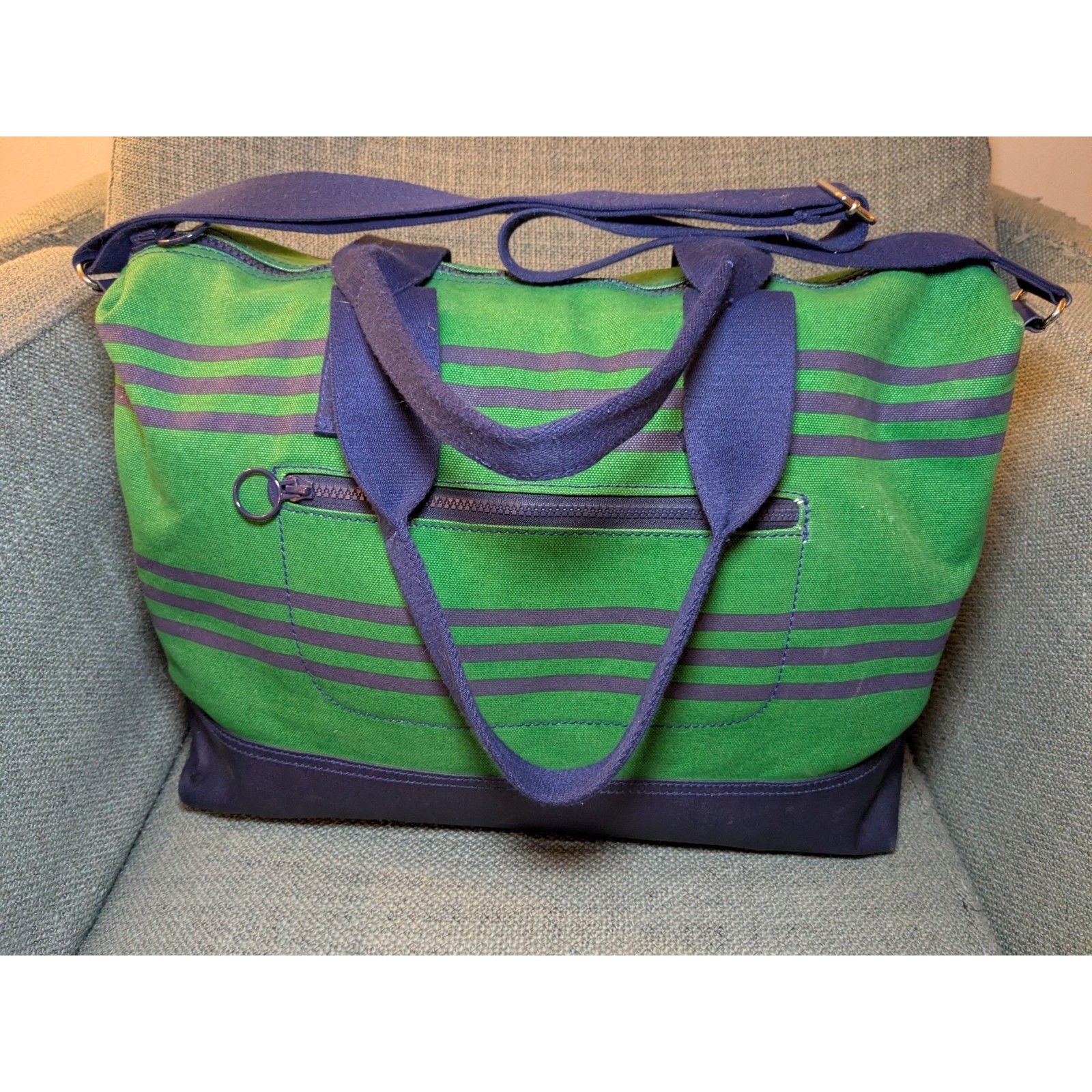 Lands' End Weekender Canvas Duffle Bag Green Blue Striped
